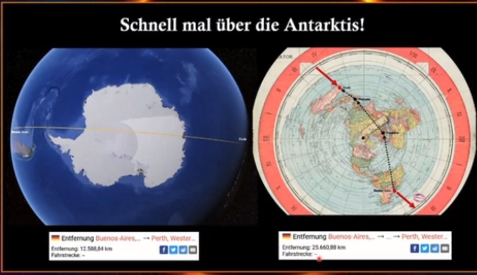 Flache Erde: Schnell mal über die Antarktis! Statt 12 Tsd km immer 25 Tsd. km? Wieso?