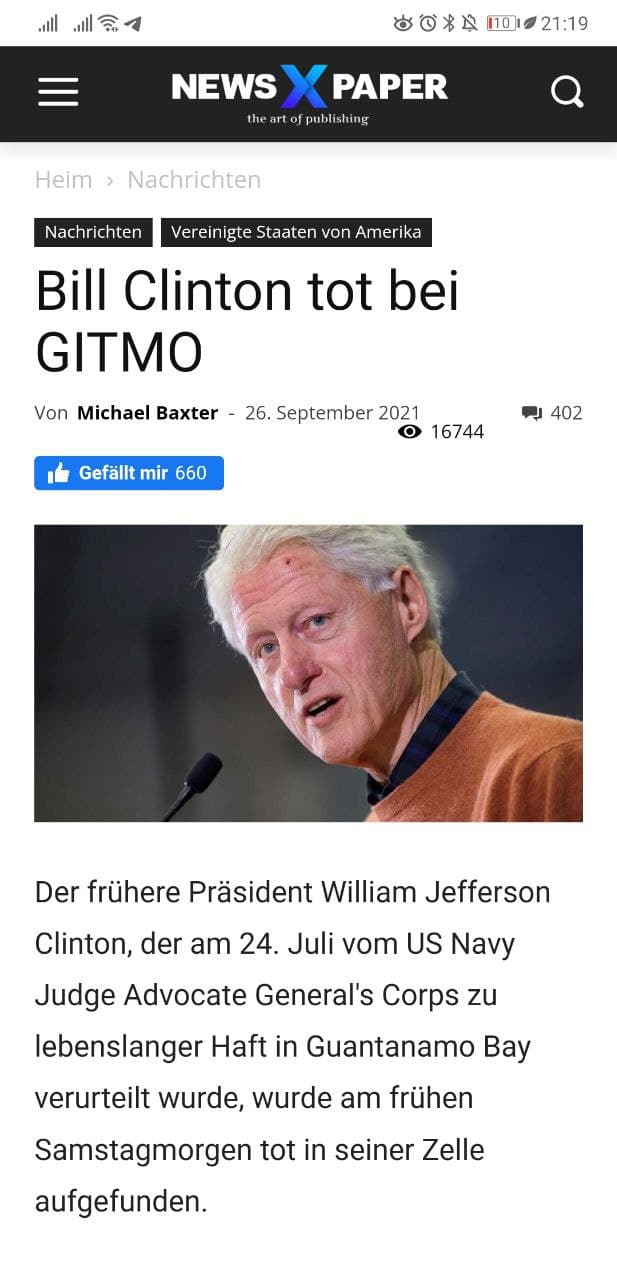 Bill Clinton in GITMO gestorben. Der Richtige, seine Gen-Chimäre oder sein Clone, das ist bisher noch unklar ;-)