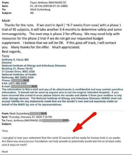 Email von Mark Zuckerberg an Dr. Anthony Fauci am 27.02.2020