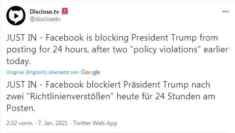 Facebook blockiert Präsident Trump nach zwei "Richtlinienverstößen" heute für 24 Stunden am Posten.