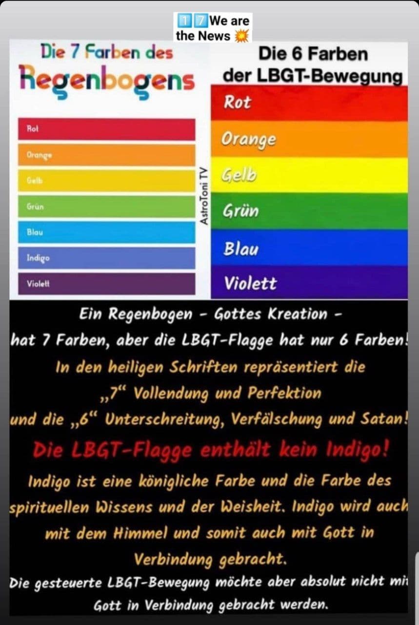 7 Farben = Regenbogen - 6 Farben = LGBT (Indigo fehlt?)