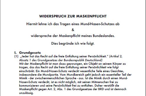 WIDERSPRUCH ZUR MASKENPFLICHT (PDF) - DOWNLOAD