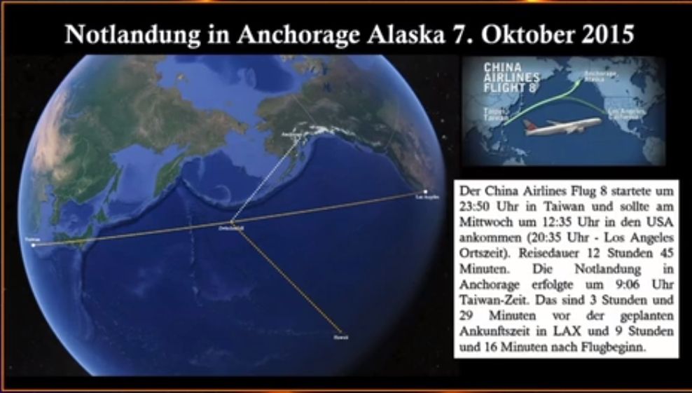 Flache Erde: Notlandung in Anchorage Alaska am 7. Oktober 2015, jedoch auf der Flachen Karte auf dem Direktflug passiert!