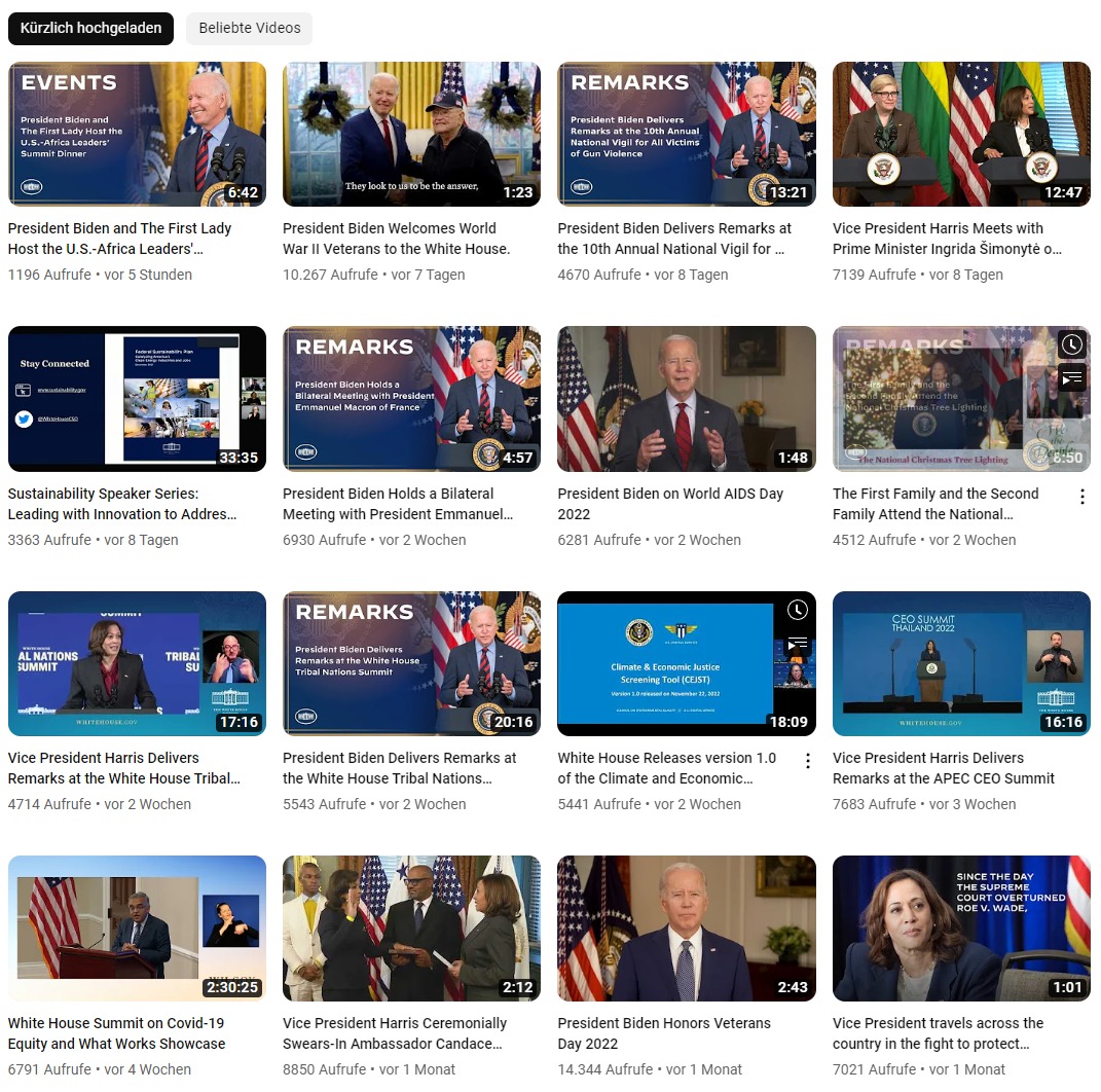 YT The White House unter Biden 2022: Das Interesse am Youtube-Kanal mit 2,05 Mio Abonnenten ist enorm! Naja, eher lächerlich!