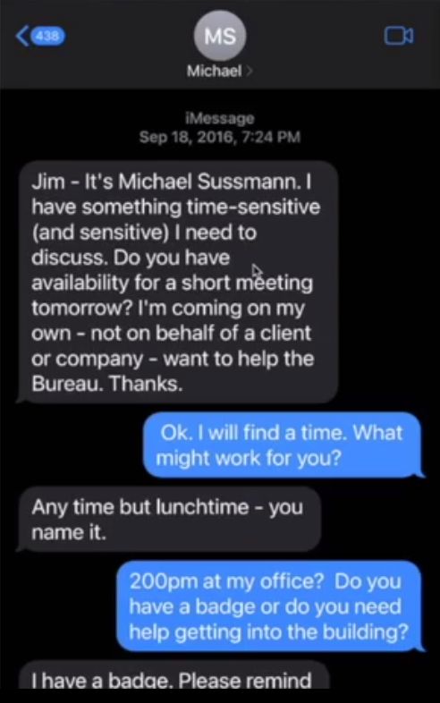 Michael Sussmann (RA von Hillary Clinton) Messenger-Gespräch mit Jim B. Comey (FBI-Chef): Privates Hilfeangebot nicht für Kunden